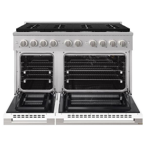 ZLINE 48 in. 6.7 cu. ft. Marino Double Oven Gas Range with 8 Burner Cooktop in Stainless Steel with White Matte Doors (MGR-WM-48)