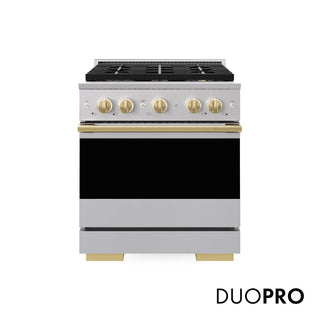 ZLINE Autograph Edition 30 in. 4.2 cu. ft. Marino Gas Range with 4 Burner DuoPro™ Cooktop and Convection Gas Oven in Stainless Steel with Polished Gold Accents (PMGRZ-30-G)