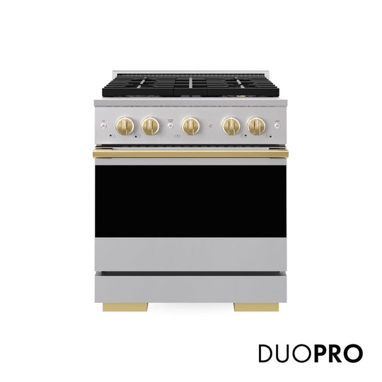ZLINE Autograph Edition 30 in. 4.2 cu. ft. Marino Gas Range with 4 Burner DuoPro™ Cooktop and Convection Gas Oven in Stainless Steel with Polished Gold Accents (PMGRZ-30-G)