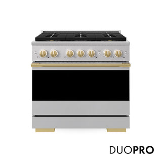 ZLINE Autograph Edition 36 in. 5.2 cu. ft. Marino Gas Range with 6 Burner DuoPro™ Cooktop and Convection Gas Oven in Stainless Steel and Polished Gold Accents (PMGRZ-36-G)