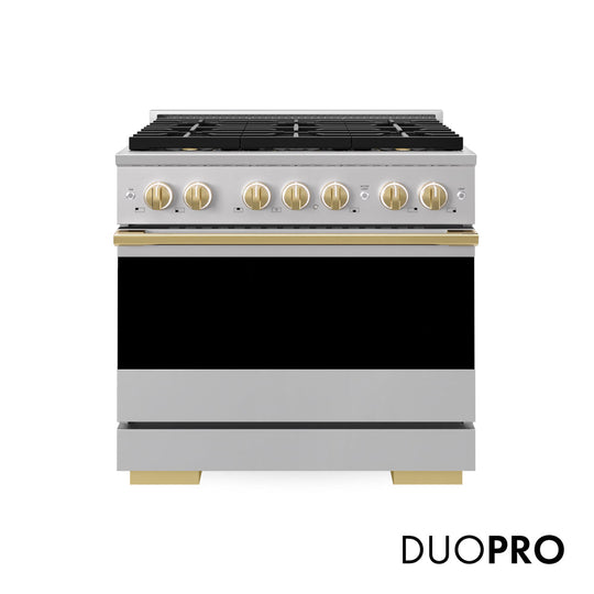 ZLINE Autograph Edition 36 in. 5.2 cu. ft. Marino Gas Range with 6 Burner DuoPro™ Cooktop and Convection Gas Oven in Stainless Steel and Polished Gold Accents (PMGRZ-36-G)