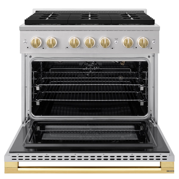 ZLINE Autograph Edition 36 in. 5.2 cu. ft. Marino Gas Range with 6 Burner DuoPro™ Cooktop and Convection Gas Oven in Stainless Steel and Polished Gold Accents (PMGRZ-36-G)