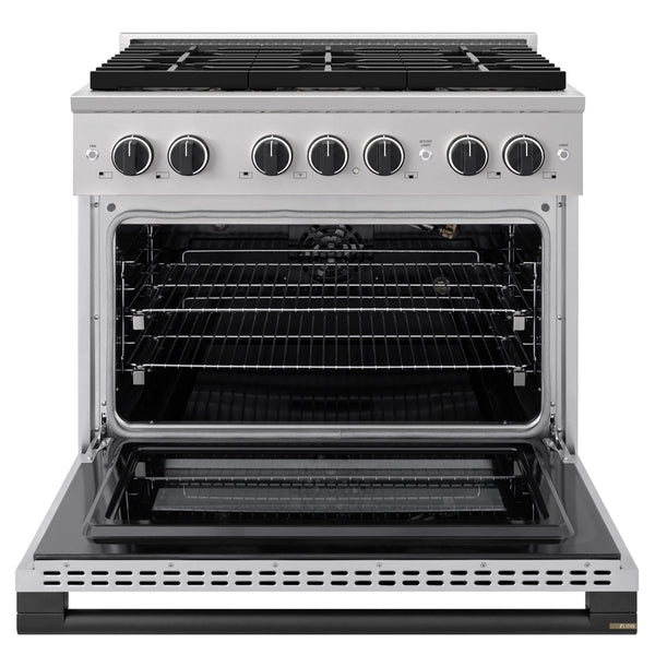 ZLINE Autograph Edition 36 in. 5.2 cu. ft. Marino Gas Range with 6 Burner DuoPro™ Cooktop and Convection Gas Oven in Stainless Steel and Matte Black Accents (PMGRZ-36-MB)