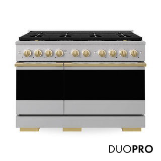ZLINE Autograph Edition 48 in. 6.7 cu. ft. Marino Gas Range with 8 Burner DuoPro™ Cooktop and Dual Ovens in Stainless Steel and Polished Gold Accents (PMGRZ-48-G)
