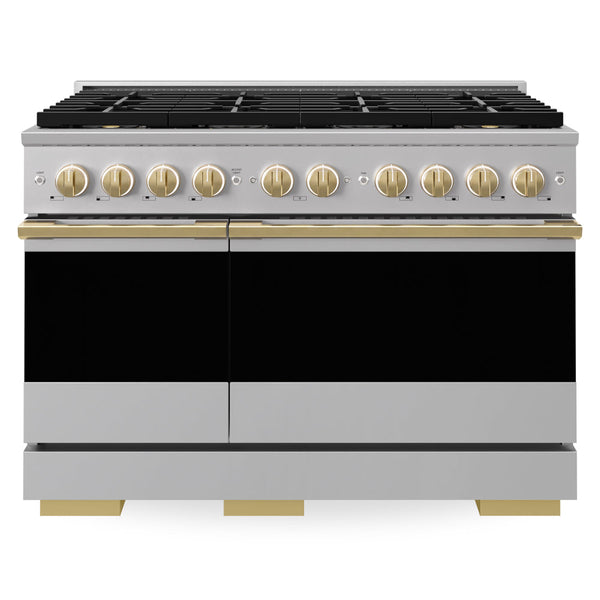 ZLINE Autograph Edition 48 in. 6.7 cu. ft. Marino Gas Range with 8 Burner DuoPro™ Cooktop and Dual Ovens in Stainless Steel and Polished Gold Accents (PMGRZ-48-G)
