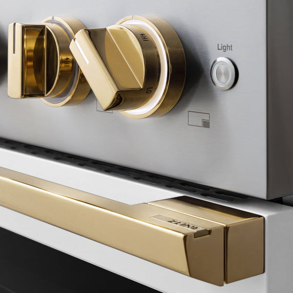 ZLINE Autograph Edition 36 in. 5.2 cu. ft. Marino Gas Range with 6 Burner DuoPro™ Cooktop and Convection Gas Oven with White Matte Door and Polished Gold Accents (PMGRZ-WM-36-G)
