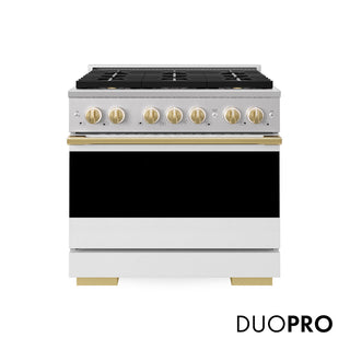 ZLINE Autograph Edition 36 in. 5.2 cu. ft. Marino Gas Range with 6 Burner DuoPro™ Cooktop and Convection Gas Oven with White Matte Door and Polished Gold Accents (PMGRZ-WM-36-G)