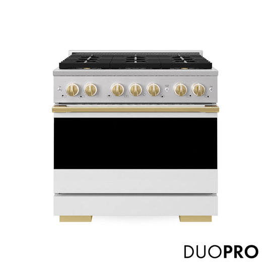 ZLINE Autograph Edition 36 in. 5.2 cu. ft. Marino Gas Range with 6 Burner DuoPro™ Cooktop and Convection Gas Oven with White Matte Door and Polished Gold Accents (PMGRZ-WM-36-G)