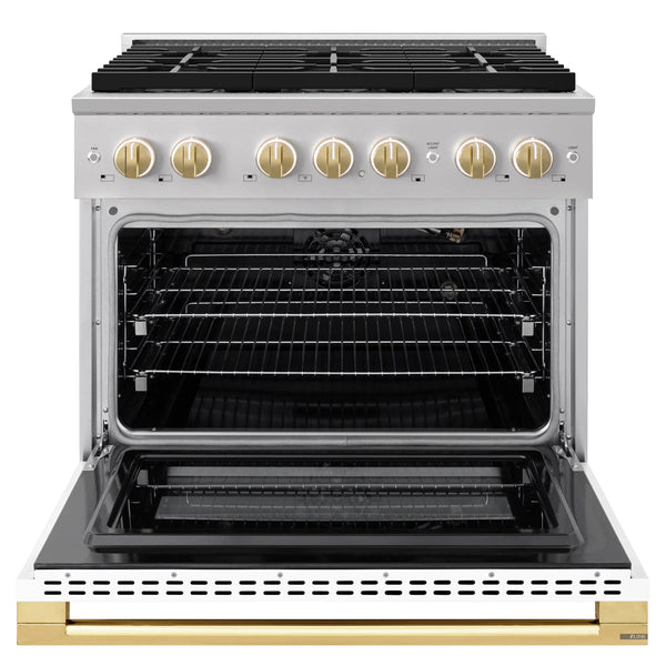 ZLINE Autograph Edition 36 in. 5.2 cu. ft. Marino Gas Range with 6 Burner DuoPro™ Cooktop and Convection Gas Oven with White Matte Door and Polished Gold Accents (PMGRZ-WM-36-G)