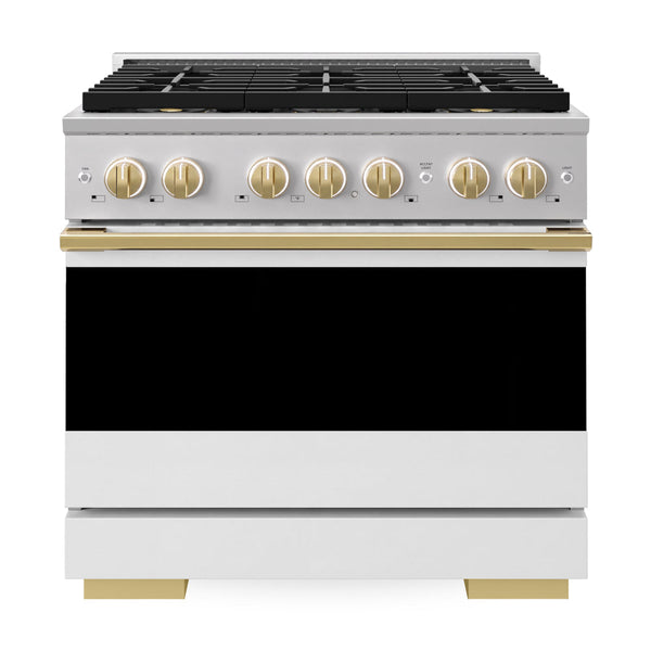 ZLINE Autograph Edition 36 in. 5.2 cu. ft. Marino Gas Range with 6 Burner DuoPro™ Cooktop and Convection Gas Oven with White Matte Door and Polished Gold Accents (PMGRZ-WM-36-G)