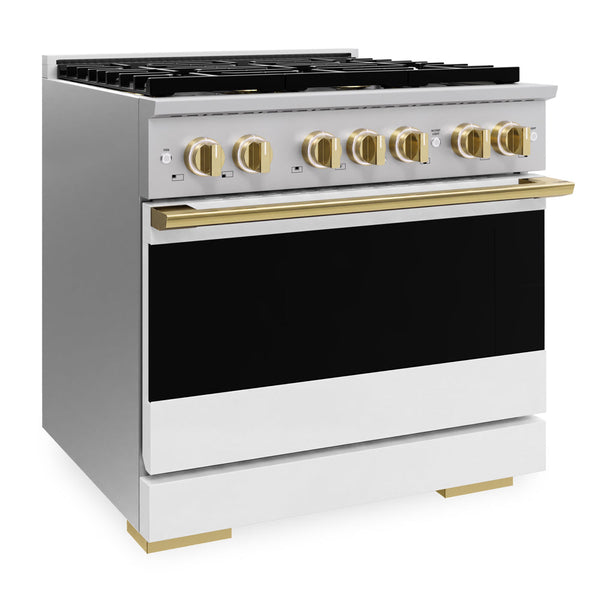 ZLINE Autograph Edition 36 in. 5.2 cu. ft. Marino Gas Range with 6 Burner DuoPro™ Cooktop and Convection Gas Oven with White Matte Door and Polished Gold Accents (PMGRZ-WM-36-G)