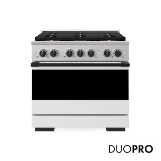 ZLINE Autograph Edition 36 in. 5.2 cu. ft. Marino Gas Range with 6 Burner DuoPro™ Cooktop and Convection Gas Oven with White Matte Door and Matte Black Accents (PMGRZ-WM-36-MB)