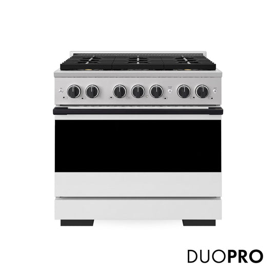 ZLINE Autograph Edition 36 in. 5.2 cu. ft. Marino Gas Range with 6 Burner DuoPro™ Cooktop and Convection Gas Oven with White Matte Door and Matte Black Accents (PMGRZ-WM-36-MB)