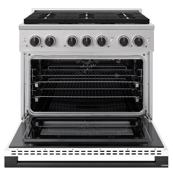 ZLINE Autograph Edition 36 in. 5.2 cu. ft. Marino Gas Range with 6 Burner DuoPro™ Cooktop and Convection Gas Oven with White Matte Door and Matte Black Accents (PMGRZ-WM-36-MB)