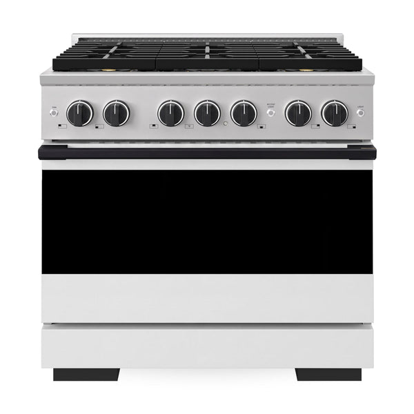ZLINE Autograph Edition 36 in. 5.2 cu. ft. Marino Gas Range with 6 Burner DuoPro™ Cooktop and Convection Gas Oven with White Matte Door and Matte Black Accents (PMGRZ-WM-36-MB)