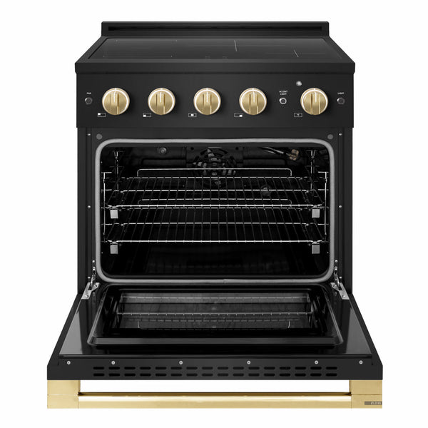ZLINE Autograph Edition 30 in. 4.2 cu. ft. Marino Induction Range with 4 Element Cooktop and Electric Convection Oven in Black Stainless Steel with Polished Gold Accents (MINRBZ-30-G)