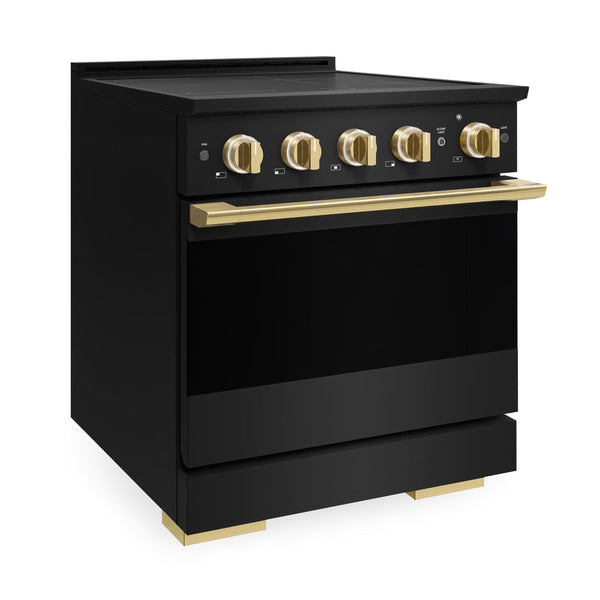 ZLINE Autograph Edition 30 in. 4.2 cu. ft. Marino Induction Range with 4 Element Cooktop and Electric Convection Oven in Black Stainless Steel with Polished Gold Accents (MINRBZ-30-G)