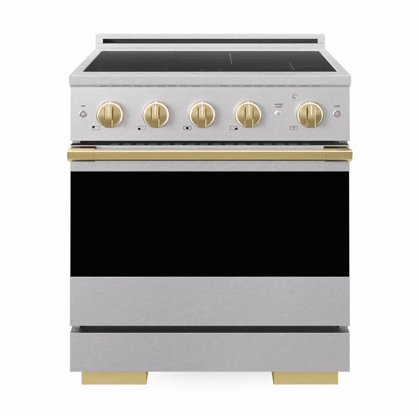 ZLINE Autograph Edition 30 in. 4.2 cu. ft. Marino Induction Range with 4 Element Cooktop and Electric Convection Oven in Satin Stainless Steel with Polished Gold Accents (MINRSZ-30-G)
