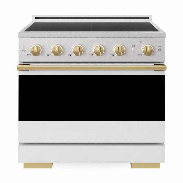 ZLINE Autograph Edition 36 in. 5.2 cu. ft. Marino Induction Range with 5 Element Cooktop and Electric Convection Oven in Satin Stainless Steel with White Matte Door and Polished Gold Accents (MINRSZ-WM-36-G)