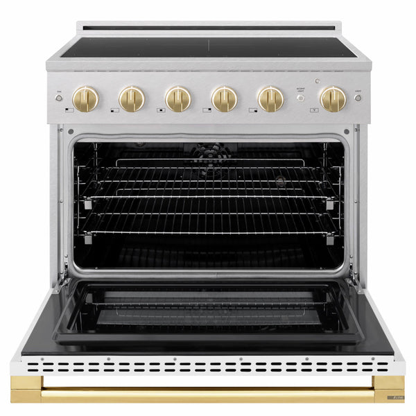 ZLINE Autograph Edition 36 in. 5.2 cu. ft. Marino Induction Range with 5 Element Cooktop and Electric Convection Oven in Satin Stainless Steel with White Matte Door and Polished Gold Accents (MINRSZ-WM-36-G)