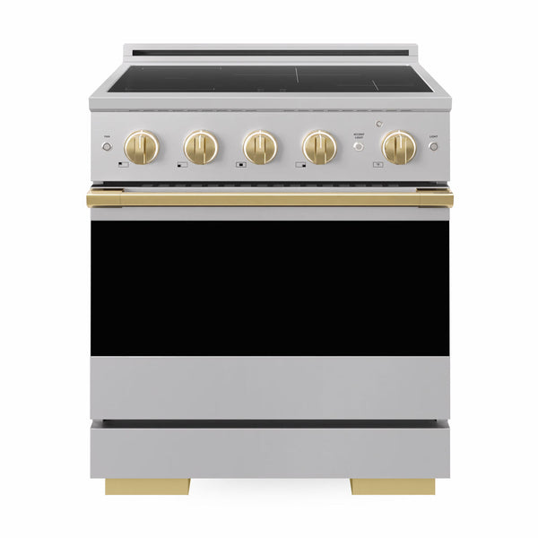 ZLINE Autograph Edition 30 in. 4.2 cu. ft. Marino Induction Range with 4 Element Cooktop and Electric Convection Oven in Stainless Steel with Polished Gold Accents (MINRZ-30-G)