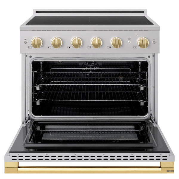 ZLINE Autograph Edition 36 in. 5.2 cu. ft. Marino Induction Range with 5 Element Cooktop and Electric Convection Oven in Stainless Steel with Polished Gold Accents (MINRZ-36-G)