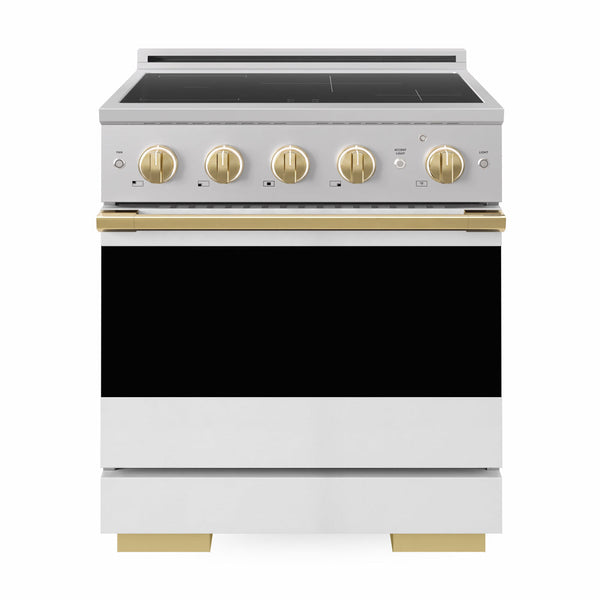 ZLINE Autograph Edition 30 in. 4.2 cu. ft. Marino Induction Range with 4 Element Cooktop and Electric Convection Oven in Stainless Steel with White Matte Door and Polished Gold Accents (MINRZ-WM-30-G)