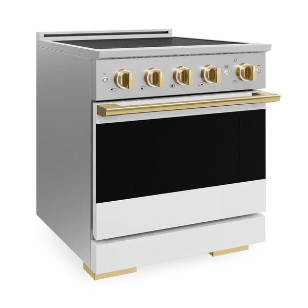 ZLINE Autograph Edition 30 in. 4.2 cu. ft. Marino Induction Range with 4 Element Cooktop and Electric Convection Oven in Stainless Steel with White Matte Door and Polished Gold Accents (MINRZ-WM-30-G)