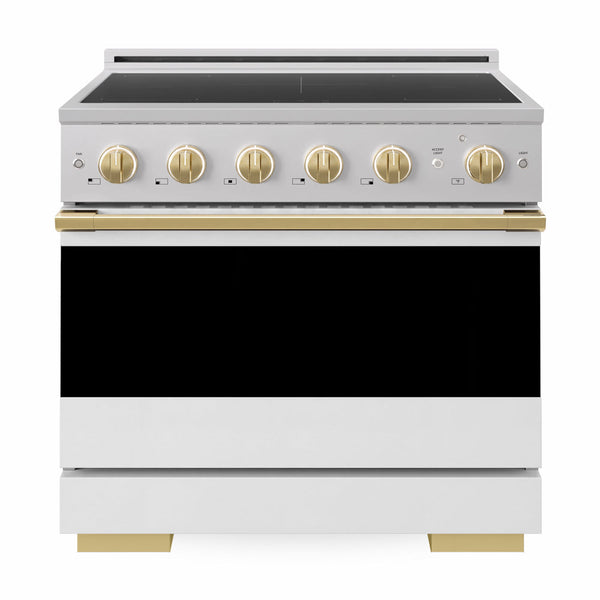 ZLINE Autograph Edition 36 in. 5.2 cu. ft. Marino Induction Range with 5 Element Cooktop and Electric Convection Oven in Stainless Steel with White Matte Door and Polished Gold Accents (MINRZ-WM-36-G)
