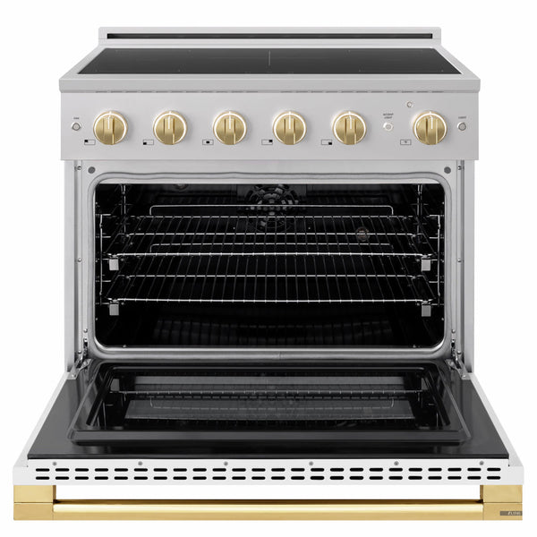 ZLINE Autograph Edition 36 in. 5.2 cu. ft. Marino Induction Range with 5 Element Cooktop and Electric Convection Oven in Stainless Steel with White Matte Door and Polished Gold Accents (MINRZ-WM-36-G)