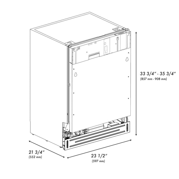 ZLINE 24 in. Tallac Series 3rd Rack Dishwasher in Custom Panel Ready with Stainless Steel Tub, 51dBa (DWV-24) dimensional diagram with measurements.