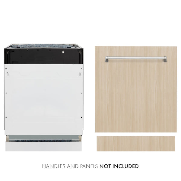 ZLINE 24 in. Tallac Series 3rd Rack Dishwasher in Custom Panel Ready with Stainless Steel Tub, 51dBa (DWV-24) front, next to NOT INCLUDED custom panel with handle.