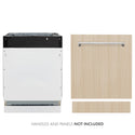 ZLINE 24 in. Tallac Series 3rd Rack Dishwasher in Custom Panel Ready with Stainless Steel Tub, 51dBa (DWV-24) front, next to NOT INCLUDED custom panel with handle.