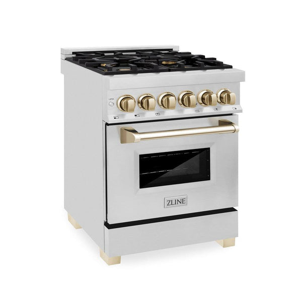 ZLINE Autograph Edition 24 in. 2.8 cu. ft. Dual Fuel Range with Gas Stove and Electric Oven in Stainless Steel with Polished Gold Accents (RAZ-24-G) side, oven closed.