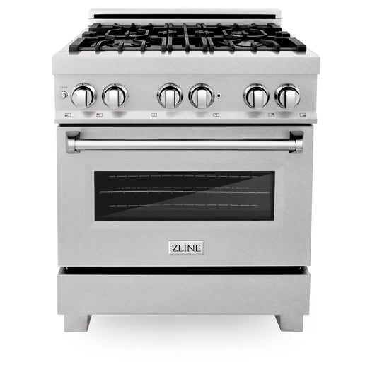 ZLINE 30 in. 4.0 cu. ft. Legacy Dual Fuel Range with Gas Cooktop and Electric Convection Oven in Satin Stainless Steel with 4 Brass Burners and Griddle (RAS-SN-BR-GR-30)
