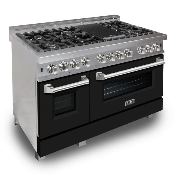 ZLINE 48 in. 6.0 cu. ft. Legacy Dual Fuel Range with 7 Burner Gas Cooktop and 2 Electric Ovens in Satin Stainless Steel and Black Matte Doors (RAS-BLM-48)