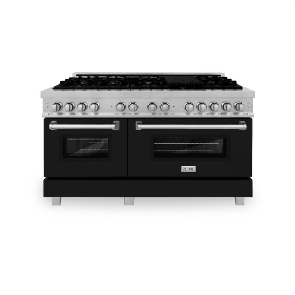 ZLINE 60 in. 7.4 cu. ft. Legacy Dual Fuel Range with 9 Burner Gas Cooktop and 2 Electric Convection Ovens in Satin Stainless Steel and Black Matte Doors (RAS-BLM-60)