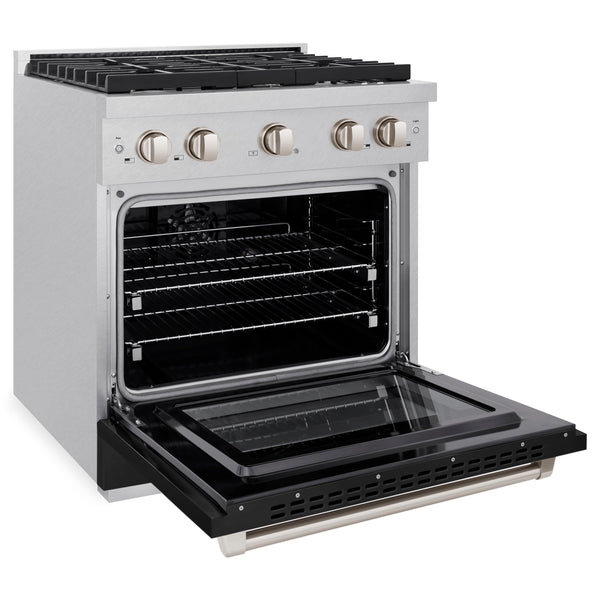 ZLINE 30 in. 4.2 cu. ft. Paramount Dual Fuel Range with 4 Burner Gas Cooktop and Electric Convection Oven in Satin Stainless Steel with Black Matte Door (SDRS-BLM-30)