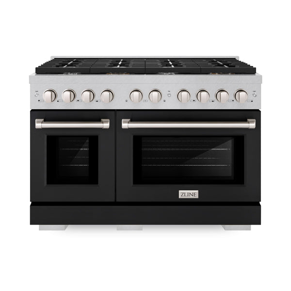 ZLINE 48 in. 6.7 cu. ft. Paramount Double Oven Dual Fuel Range with 8 Burner Gas Cooktop in Satin Stainless Steel with Black Matte Doors (SDRS-BLM-48)