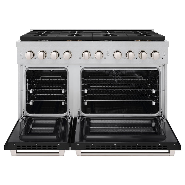 ZLINE 48 in. 6.7 cu. ft. Paramount Double Oven Dual Fuel Range with 8 Burner Gas Cooktop in Satin Stainless Steel with Black Matte Doors (SDRS-BLM-48)
