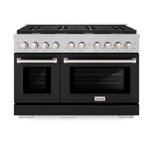 ZLINE 48 in. 6.7 cu. ft. Paramount Double Oven Dual Fuel Range with 8 Burner Gas Cooktop in Satin Stainless Steel with Black Matte Doors (SDRS-BLM-48)