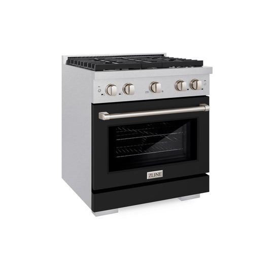 ZLINE 30 in. 4.2 cu. ft. Paramount Gas Range with 4 Burner Cooktop and Convection Gas Oven in Satin Stainless Steel with Black Matte Door (SGRS-BLM-30)