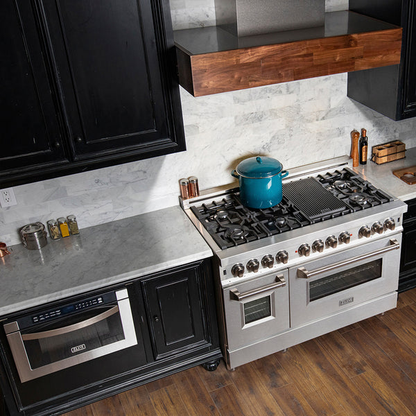 ZLINE 48 in. 6.0 cu. ft. Legacy Dual Fuel Range with 7 Burner Gas Cooktop and 2 Electric Ovens in Stainless Steel with Satin Stainless Steel Doors (RA-SN-48)