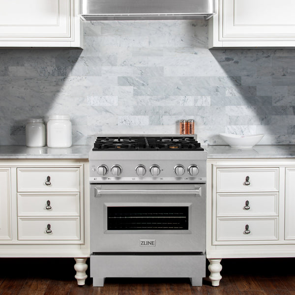 ZLINE 30 in. 4.0 cu. ft. Legacy Dual Fuel Range with Gas Cooktop and Electric Convection Oven in Satin Stainless Steel with 4 Brass Burners (RAS-SN-BR-30)