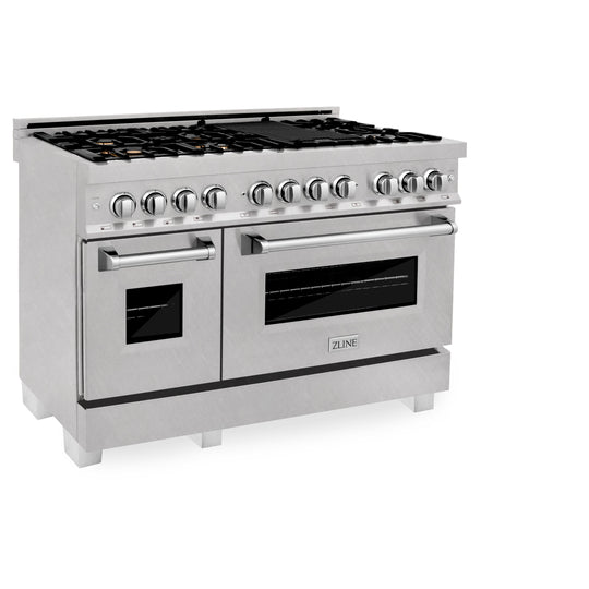 ZLINE 48 in. 6.0 cu. ft. Legacy Dual Fuel Range with Gas Cooktop and 2 Electric Ovens in Satin Stainless Steel with 6 Brass Burners (RAS-SN-BR-48)