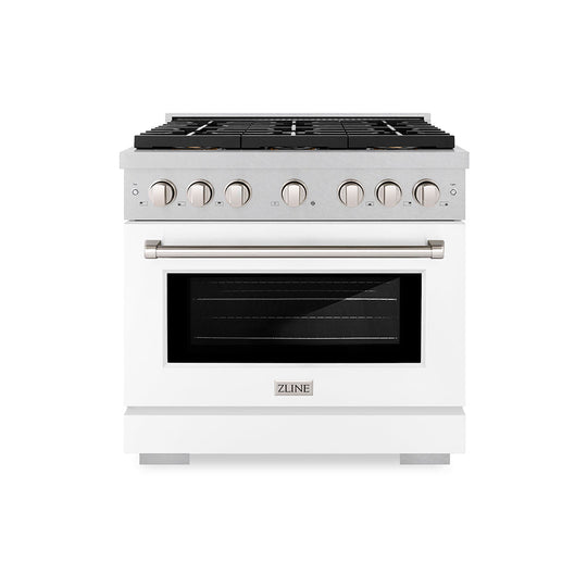ZLINE 36 in. 5.2 cu. ft. Paramount Dual Fuel Range with 6 Burner DuoPro™ Cooktop and Electric Convection Oven in Satin Stainless Steel with White Matte Door (PSDRS-WM-36)