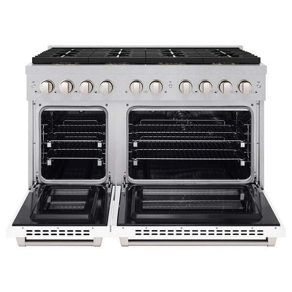 ZLINE 48 in. 6.7 cu. ft. Paramount Dual Fuel Range with 8 Burner DuoPro™ Cooktop and Dual Ovens in Satin Stainless Steel with White Matte Doors (PSDRS-WM-48)