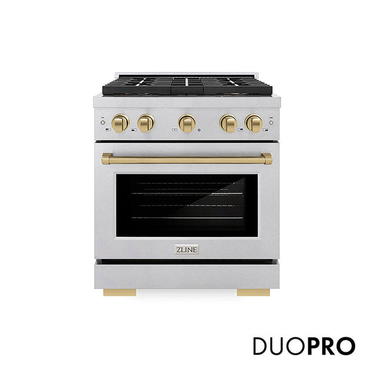 ZLINE Autograph Edition 30 in. 4.2 cu. ft. Paramount Dual Fuel Range with 4 Burner DuoPro™ Cooktop and Electric Convection Oven in Satin Stainless Steel and Champagne Bronze Accents (PSDRSZ-30-CB)