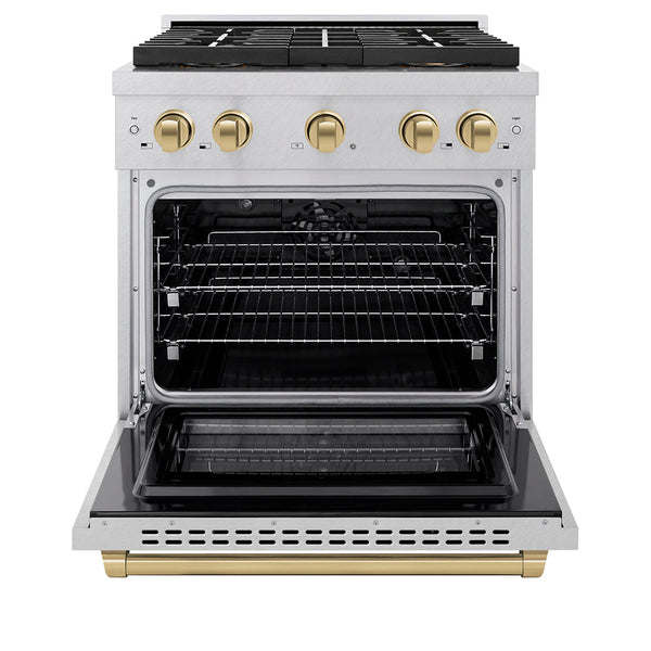 ZLINE Autograph Edition 30 in. 4.2 cu. ft. Paramount Dual Fuel Range with 4 Burner DuoPro™ Cooktop and Electric Convection Oven in Satin Stainless Steel and Champagne Bronze Accents (PSDRSZ-30-CB)