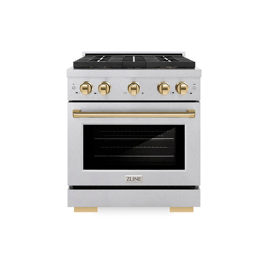ZLINE Autograph Edition 30 in. 4.2 cu. ft. Paramount Dual Fuel Range with 4 Burner DuoPro™ Cooktop and Electric Convection Oven in Satin Stainless Steel and Polished Gold Accents (PSDRSZ-30-G)